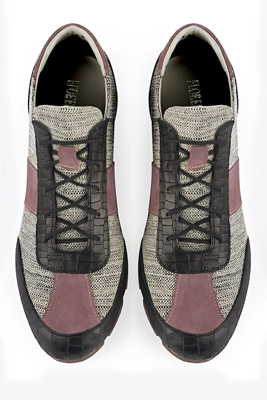 Satin black, ash grey and dusty rose pink three-tone dress sneakers for men. Round toe. Flat rubber soles. Top view - Florence KOOIJMAN